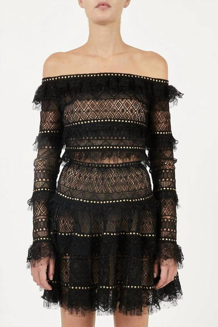 NEW ELIE SAAB macrame long sleeve ruffle top in black